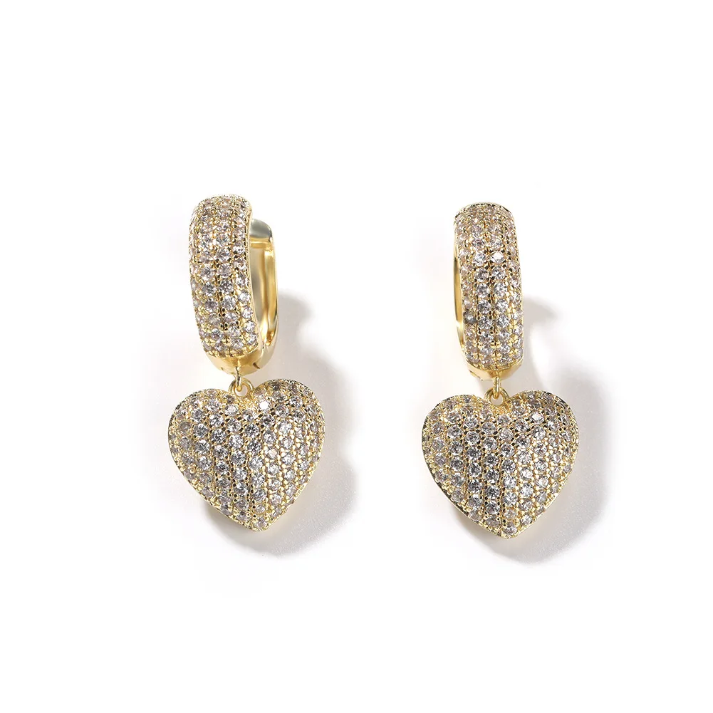 Light New Heart Shape Mirco Pave Bling Bling Iced Out Cubic Zircon Prong Setting Brass Earrings Fashion Hip Hop Jewelry BE040