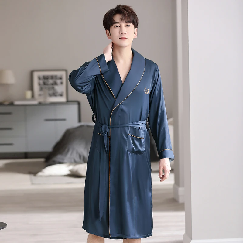 

Мужская шелковая атласная пижама, одежда для сна, халат с длинным рукавом, халаты, халат, ночная рубашка с V-образным вырезом