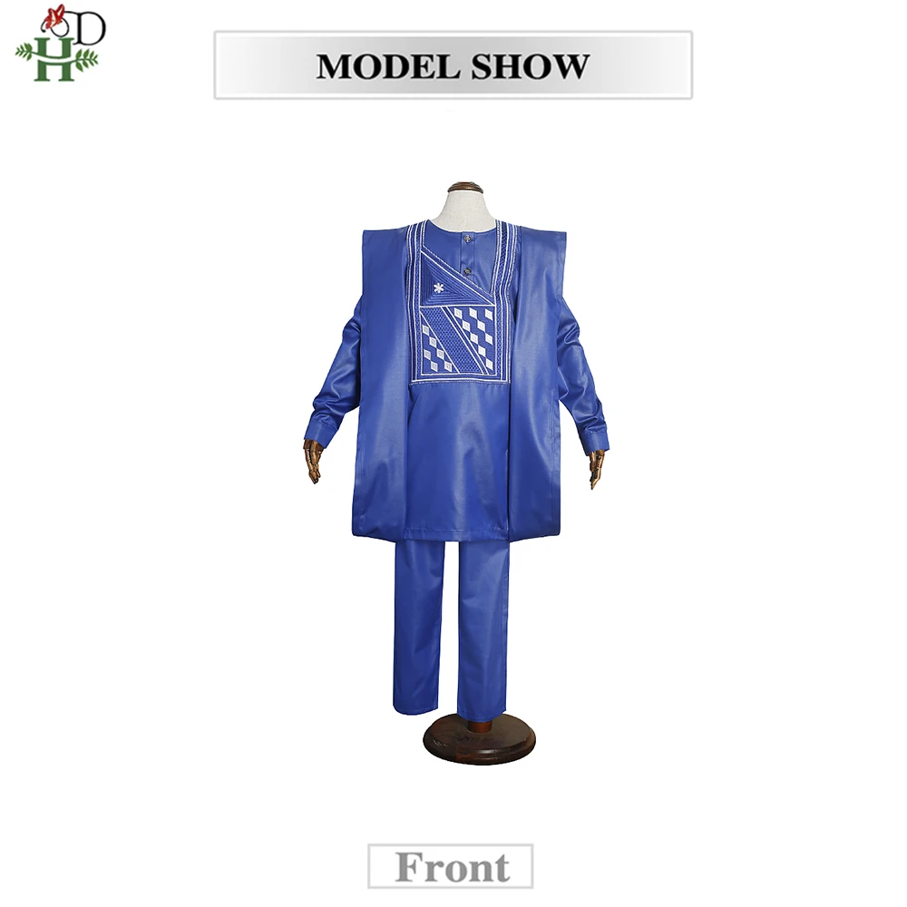H&D 2022 African Tradition Clothes For Kids Boys White Blue Long Sleeve Tops Embroidery Dashiki Robe Shirt Pant Set 3 PCS african pants