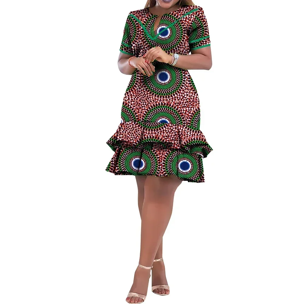 African dresses for Women Ankara clothing Short Sleeve dress Wax Print Knee Length Party dresses Robe Africaine WY9880
