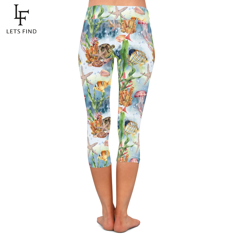 LETSFIND Summer 3D Sea Animals Printing Women Fitness Capri Leggings Fashion High Waist  Mid-Calf Leggings