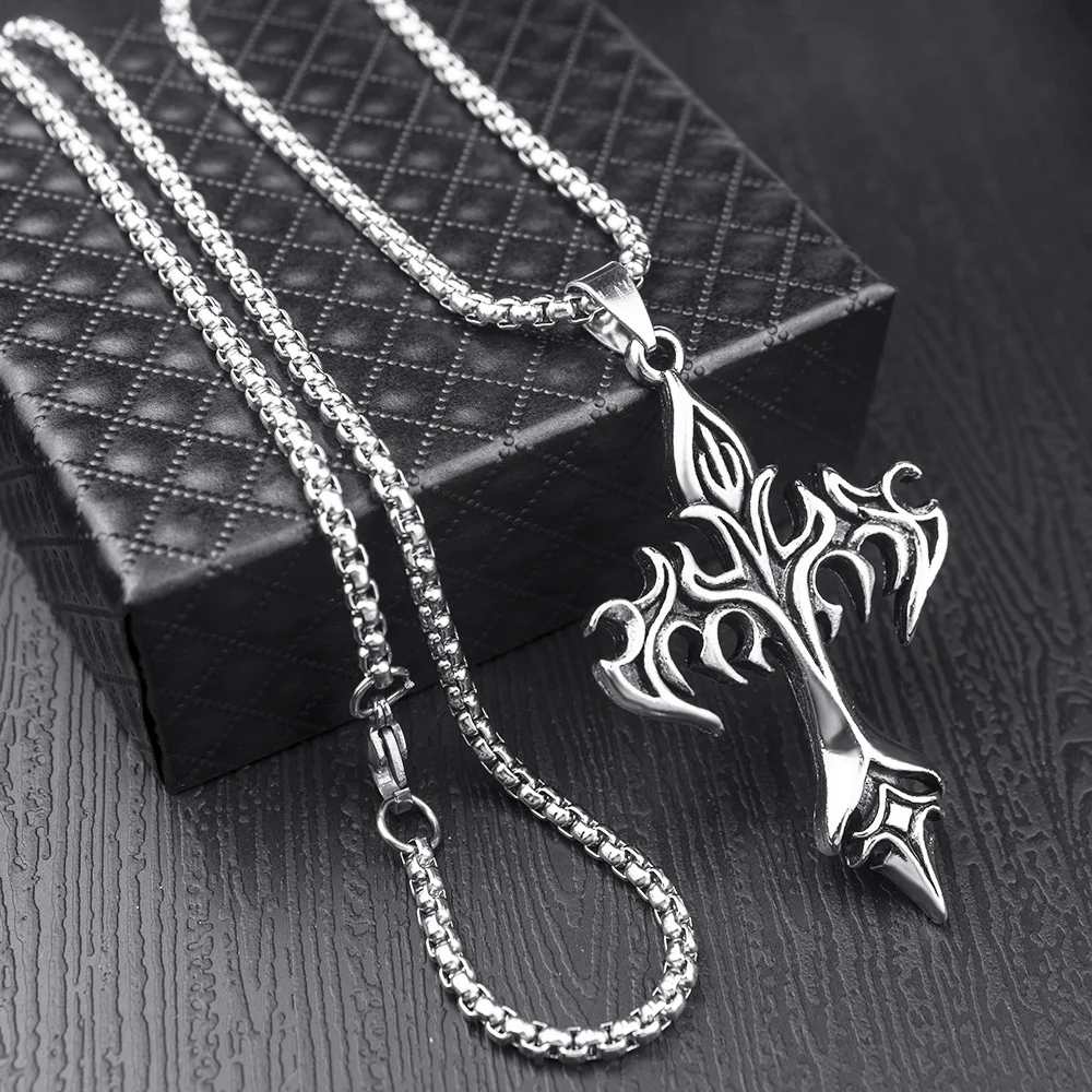 

Цепочка с подвеской-крестом для мужчин, ожерелье из нержавеющей стали в стиле хип-хоп/панк, с готическим пламенем, модное Ювелирное Украшение