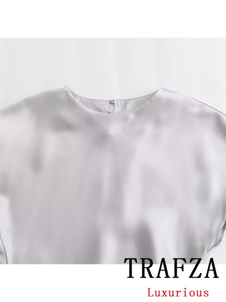 TRAFZA 여성용 빈티지 캐주얼 시크 새틴 세트 솔리드 실버 O넥 셔츠, 롱 스커트, 2024 용수철 여름 실키 세트, 새로운 패션