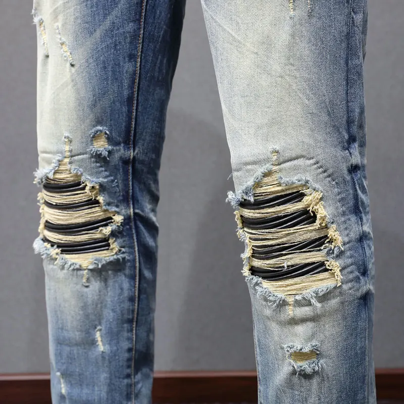 High Street Fashion Men's Split Jeans Vintage Elastic Tight Vintage Washed Blue Jeans Men's Painted Designer Hip Hop Brand Pants