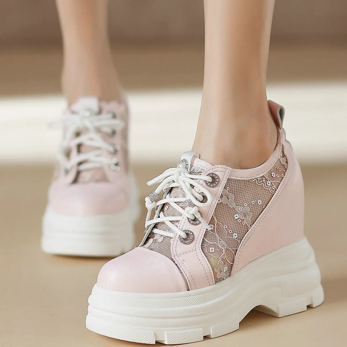 

Crystal Gladiator Sandals Women Genuine Leather Wedges High Heel Platform Pumps Female Hollow Mesh Fashion Sneakers Casual Shoes