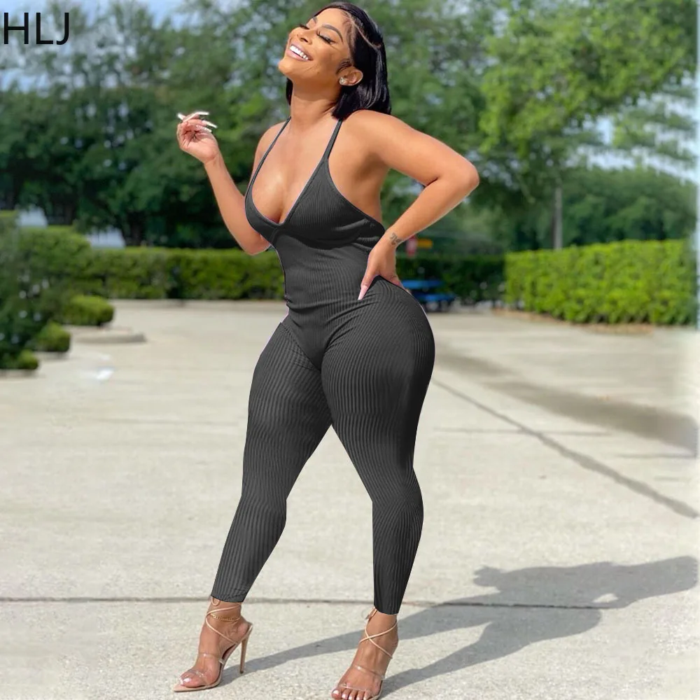 HLJ Sexy Ribber Solid Color Bodycon Jumpsuits Women Suspenders Backless One Piece Playsuits Casual Female Sporty Overall 2023