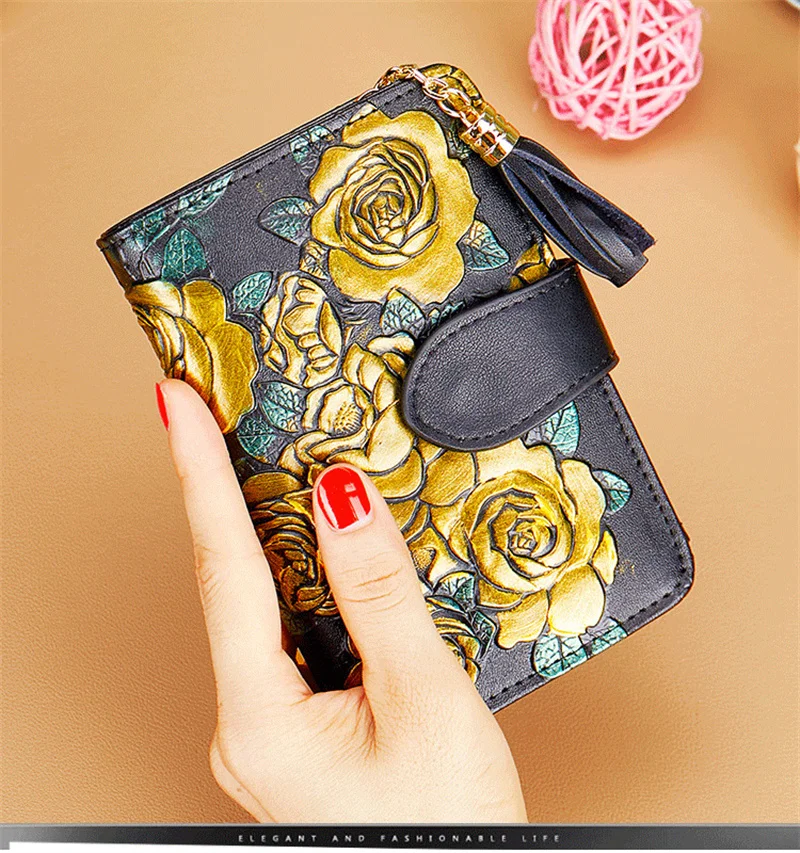 Kartenhalter-Geldbörse, kurz, für Damen, 2026, Vintage, kleine Geldbörse, Damen, 3D-Muster, Damen-Geldbörse aus Leder, Mini-Clutch aus Rindsleder – Detail 2