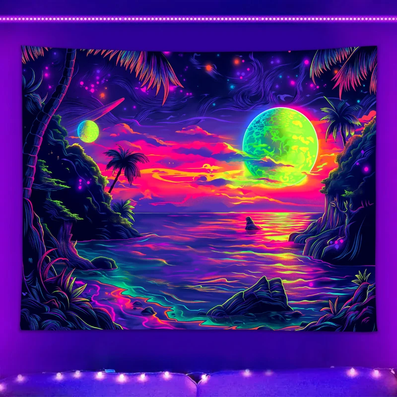1 Stück UV-reaktives Wandteppich, Strand-Kokosnussbaum, Sternenhimmel, Universum, Sonnenuntergang, Wandteppich, ästhetische Wandbehang für Zimmer und Wohnzimmer – Detail 6