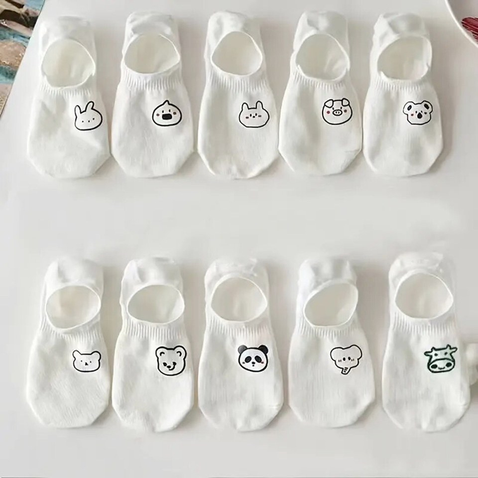 Socks Set 5/10 Pairs Toe Socks Women's Ankle Stockings Summer Breathable Versatile White Socks Cute Cartoon Pattern