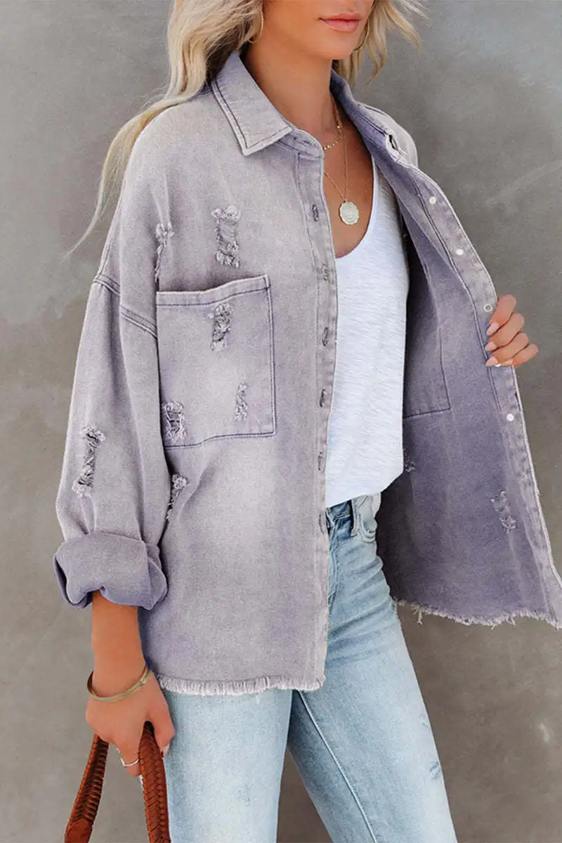 Women Fashion Ripped Denim Jacket Turn Down Collar Long Sleeve Tops Single Breasted Tassels Coat Loose Shirts & Blouses Outwear photo