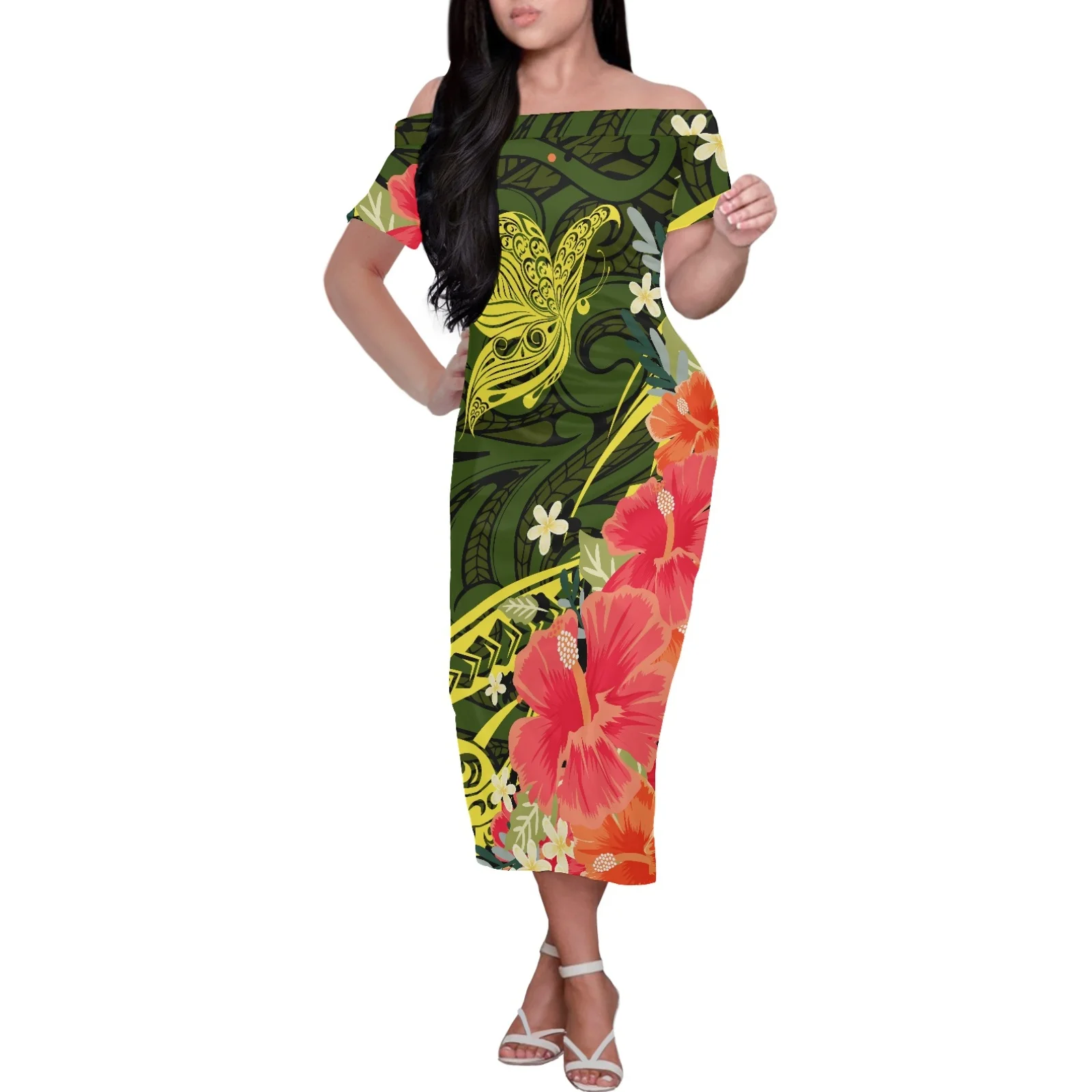 

Polynesian Tribal Pohnpei Totem Tattoo Print Art, Butterfly Flower Sarongs, Off Shoulder Women Casual Beach Holiday Robe, Summer