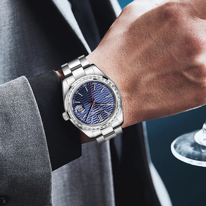 HANBORO Men Automatic Watch 40mm Top Luxury Brand Mechanical Wristwatch Waterproof Luminous Crystal Bezel Date With Magnifier