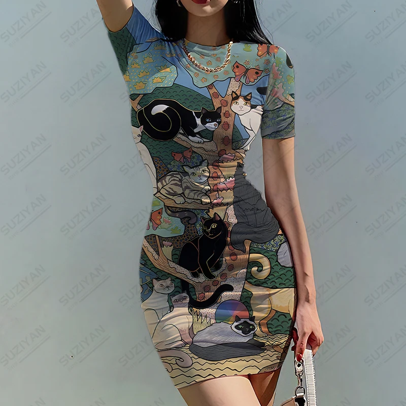 2023 Summer Ladies New Hot Dress Art Creative Cat Print Dress Casual Abito A Maniche Corte Girocollo Slim Dress