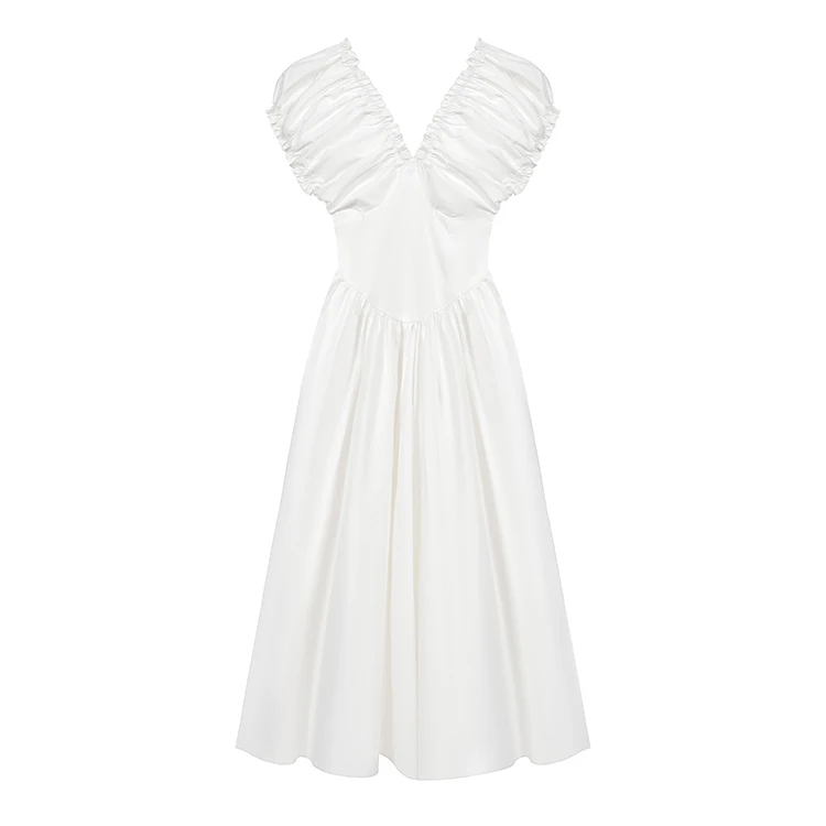 Casual Solid Midi Dresses for Women Korean Chic V-neck Backless High Waist Puff Sleeve A-line Party Dress Summer Vestidos Mujer