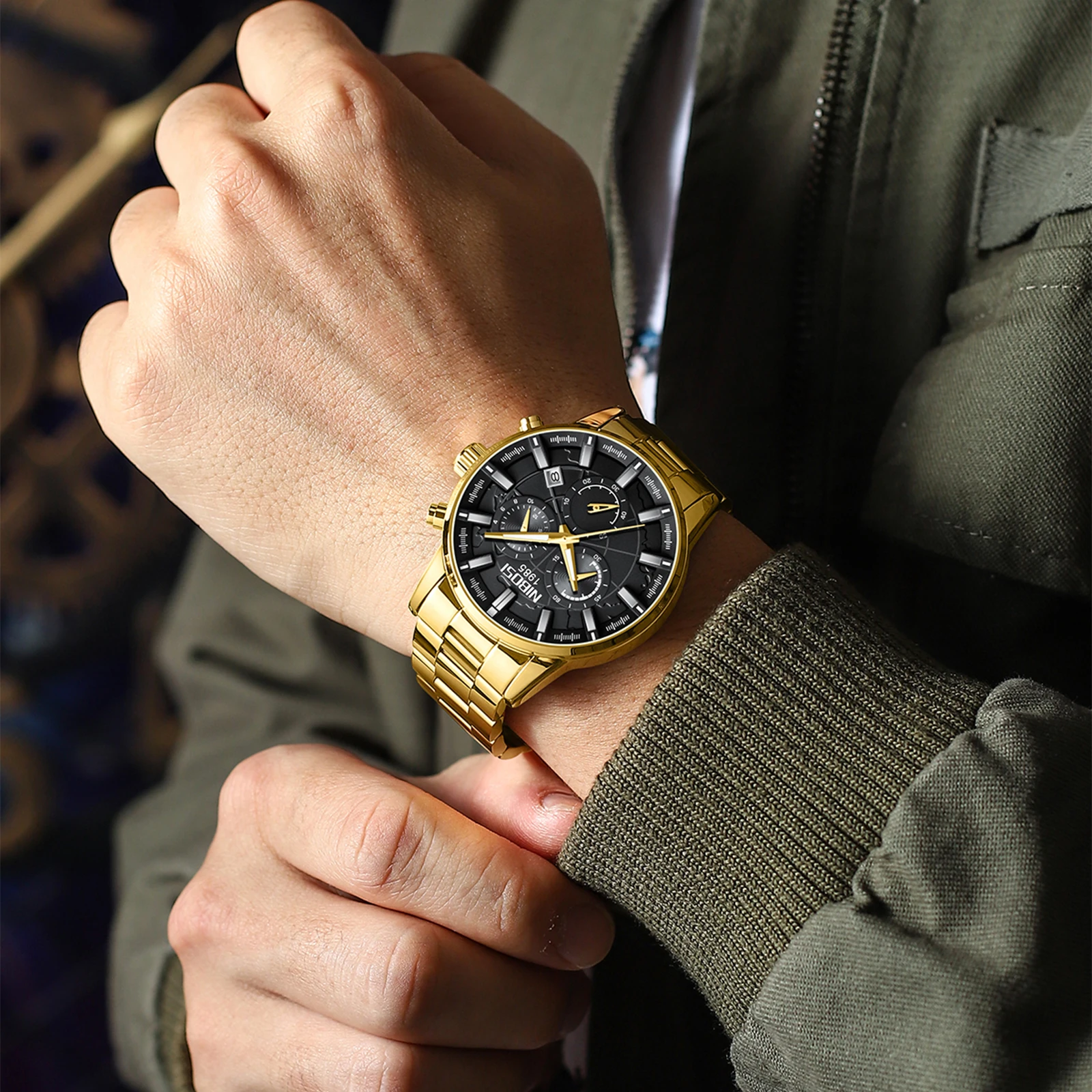 NIBOSI-Reloj de pulsera de acero inoxidable para hombre, cronógrafo luminoso, resistente al agua, de cuarzo, con fecha