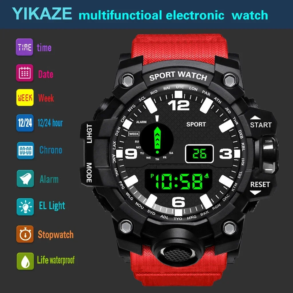 YIKAZE Men's LED Digital Watch Men Sport Watches Fitness Electronic Watch Multifunction Military Sports Watches Clock Kids Gifts