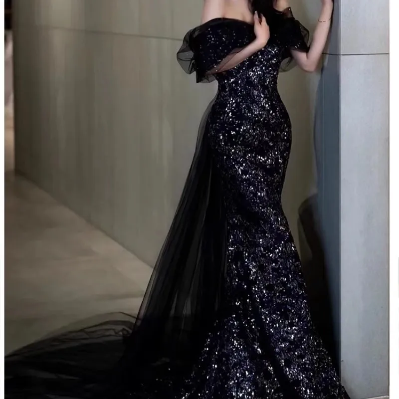 

Charming Black Shiny Sequins Evening Dress Off Shoulder Tulle Mermaid Prom Dress Sexy Off Back Floor Length Party Gowns 2023
