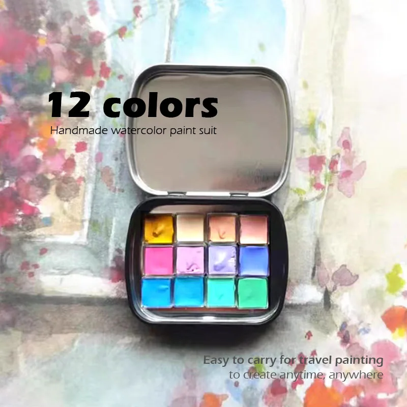 Mini Solid Watercolor Pigment Suit 12 Colors 0.3ml Iron Case