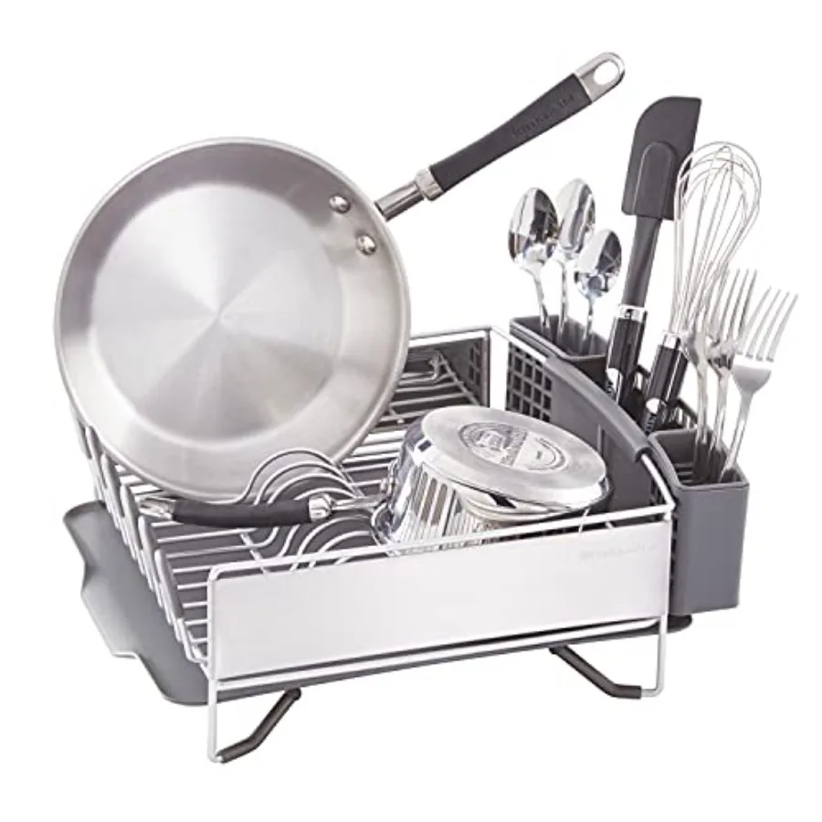 Compact Space Saving Dish Rack with Removable Flatware Caddy and Angled Self Draining Drainboard Satin Gray 15Inchby13.25Inch