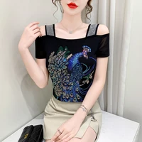 Streetwear Sexy Off-Shoulder Summer T-shirt for Women High Quality Luxury Shiny Diamond Tees Slim Fit Girl Top European Clothing