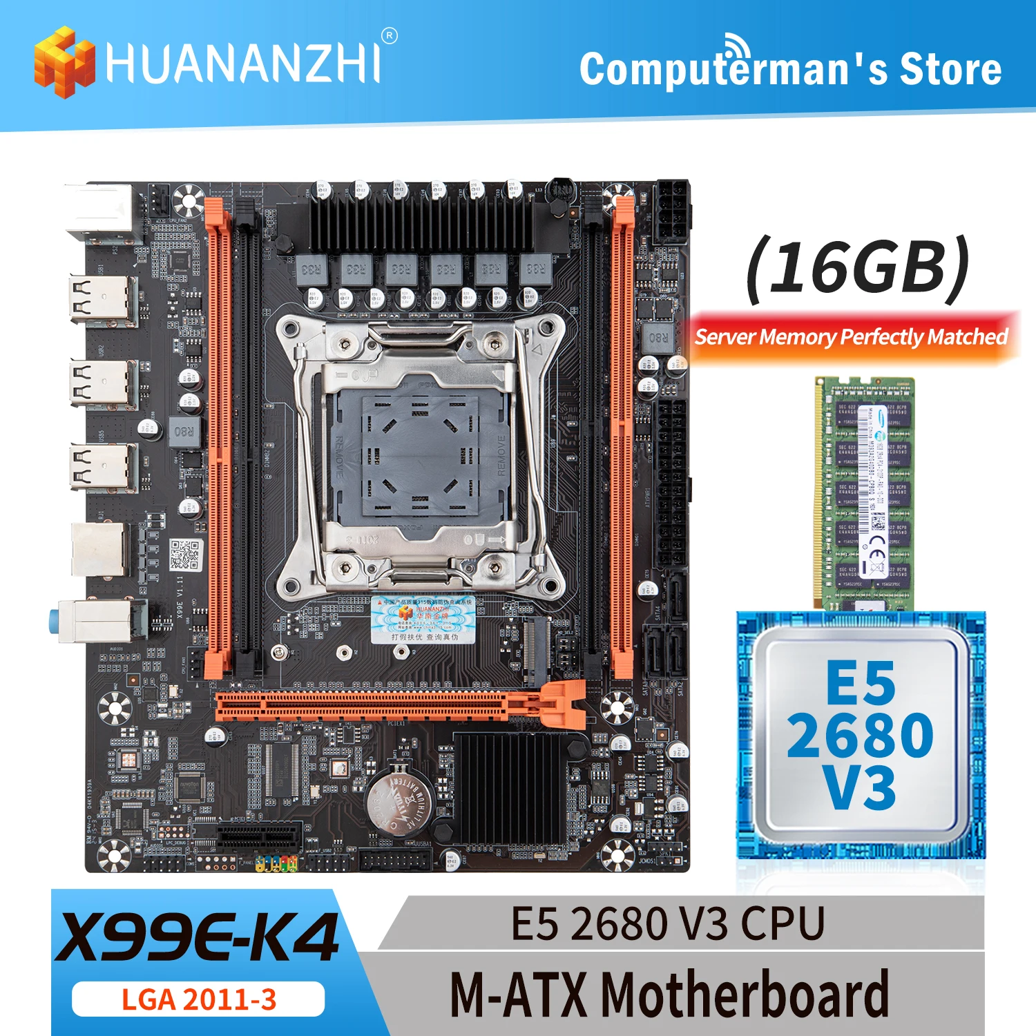 

HUANANZHI X99 E K4 LGA 2011-3 XEON X99 Motherboard with Intel E5 2680 V3 with 1*16G DDR4 ECC memory combo kit set M.2 NVME