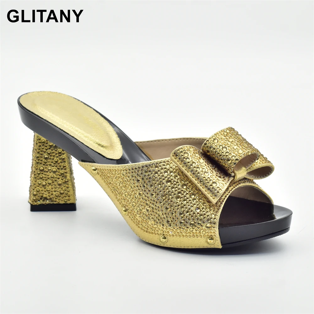 

Туфли-лодочки женские на высоком каблуке, вечерние элегантные туфли в африканском стиле, итальянские, с камнями, золотистого цвета, свадебная обувь