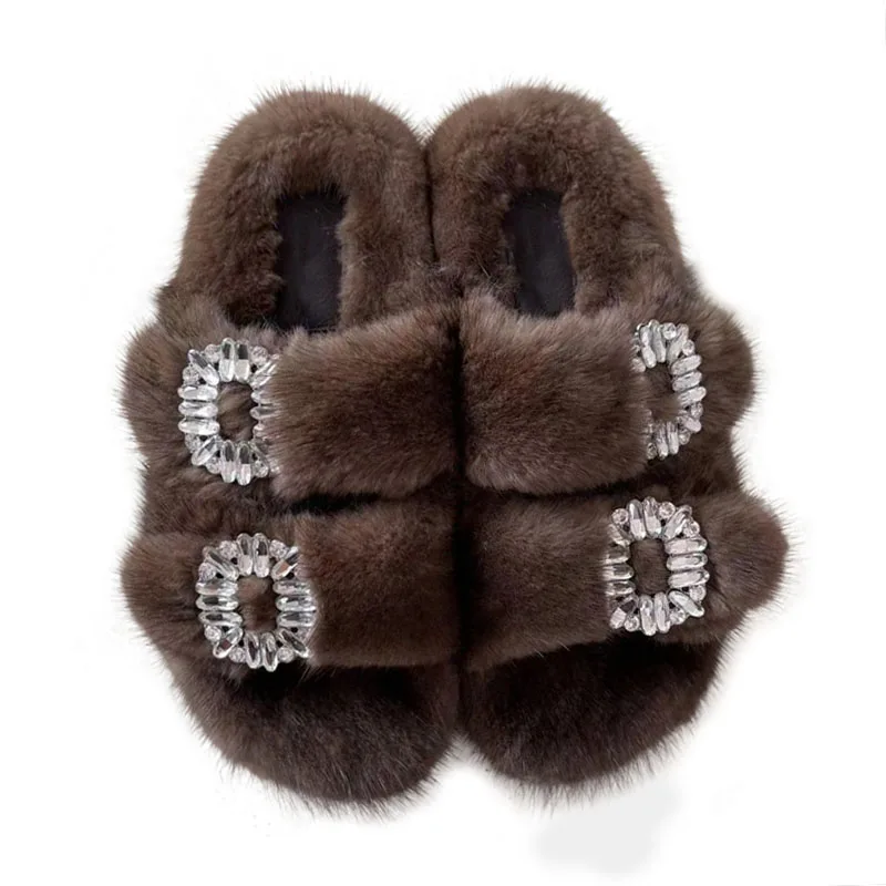 

2024 Women's Shoes Slippers Real Fluffy Mink Fur Flat Flip Flops Home Outdoor Non-Slip Wear -Resistant Flat Mink slippers