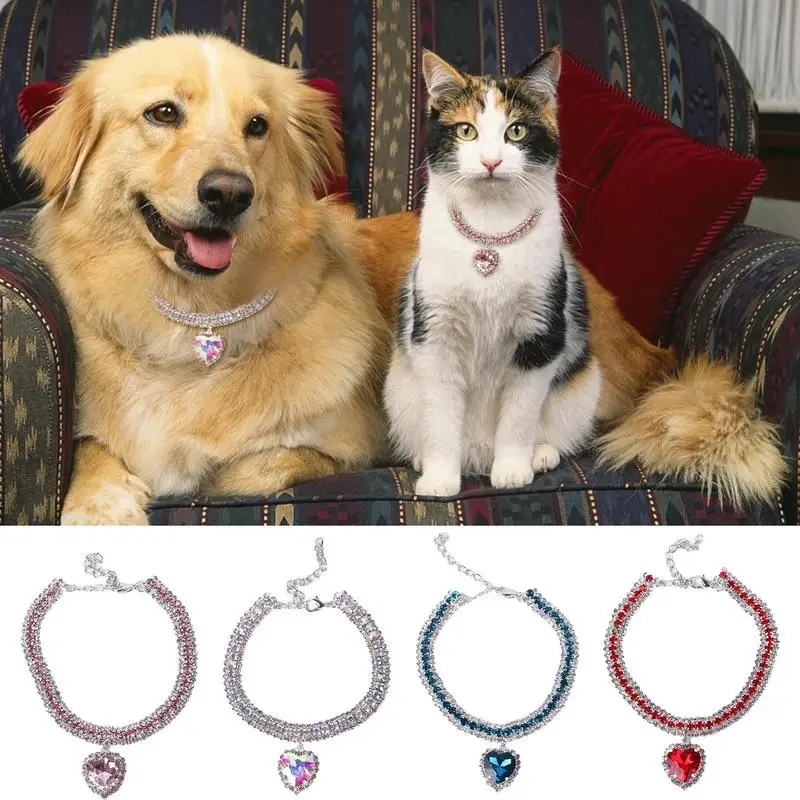 

Rhinestone Cat Collar Cute Heart Shaped Crystal Pendant Dog Jewelry Necklace For Small Medium Large Kitten Puppy Pet Accessories