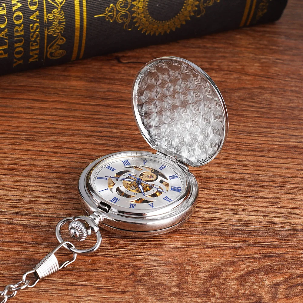 Luxury Sliver Mechanical Pocket Watch for Men Women Smooth Case Roman Numerals Dial Man Fob Chain Pendant Clock for Collection
