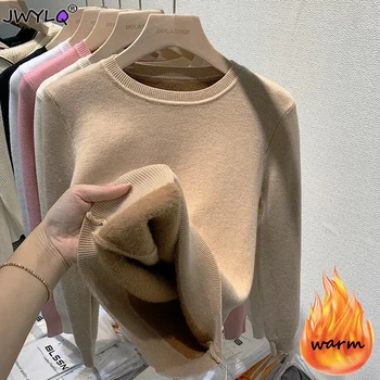 O넥 긴팔 두꺼운 따뜻한 여성 스웨터, 올매치 슬림 플리스, 부드러운 풀오버, 캐주얼, 부드러운 이너 니트 스웨터, 겨울