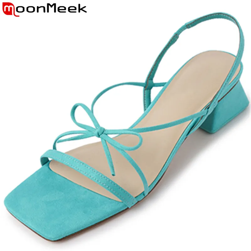 

MoonMeek 2022 New Butterfly Knot Genuine Leather Sandals Woman Square Med Heels Shoes Solid Slip On Ladies Summer Dress Shoes
