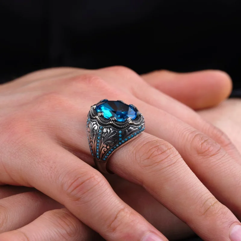 Turkish Rings Retro Handmade For Men Vintage Metal Silver Inlaid Blue Zircon Punk Muslim Jewelry
