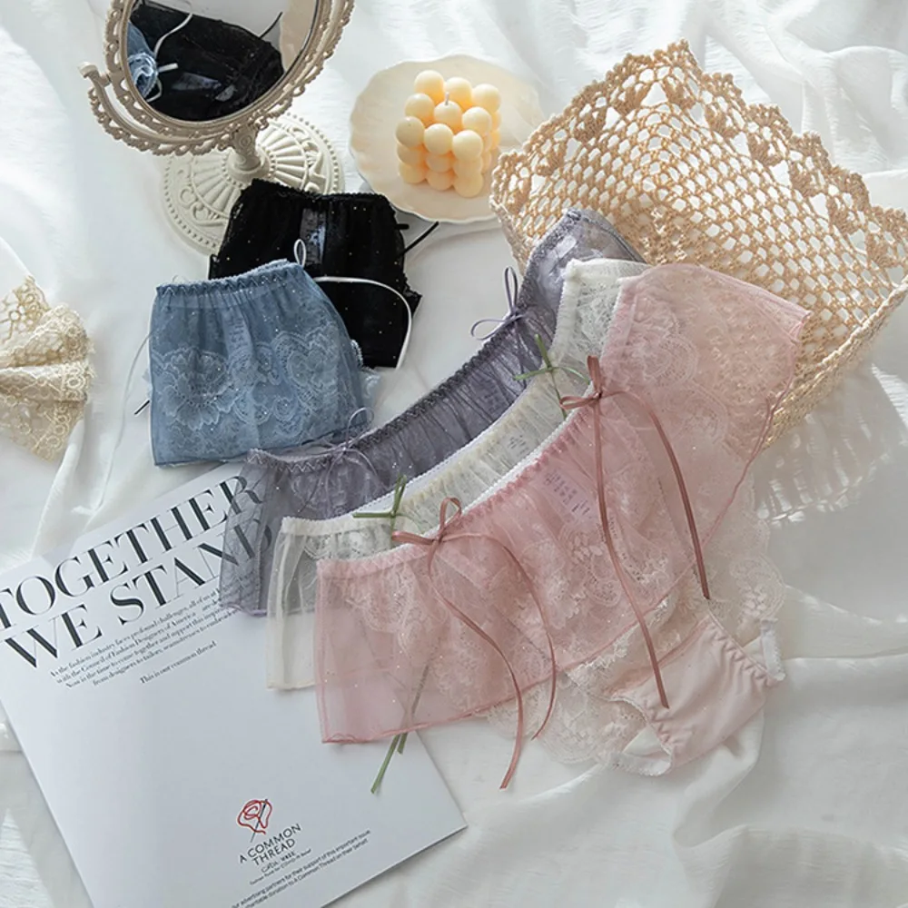 

Кружевные трусики со средней талией, новый стиль, хлопковые трусики большого размера, сексуальные женские трусики, сетчатые бесшовные трусики с бантом для девочек