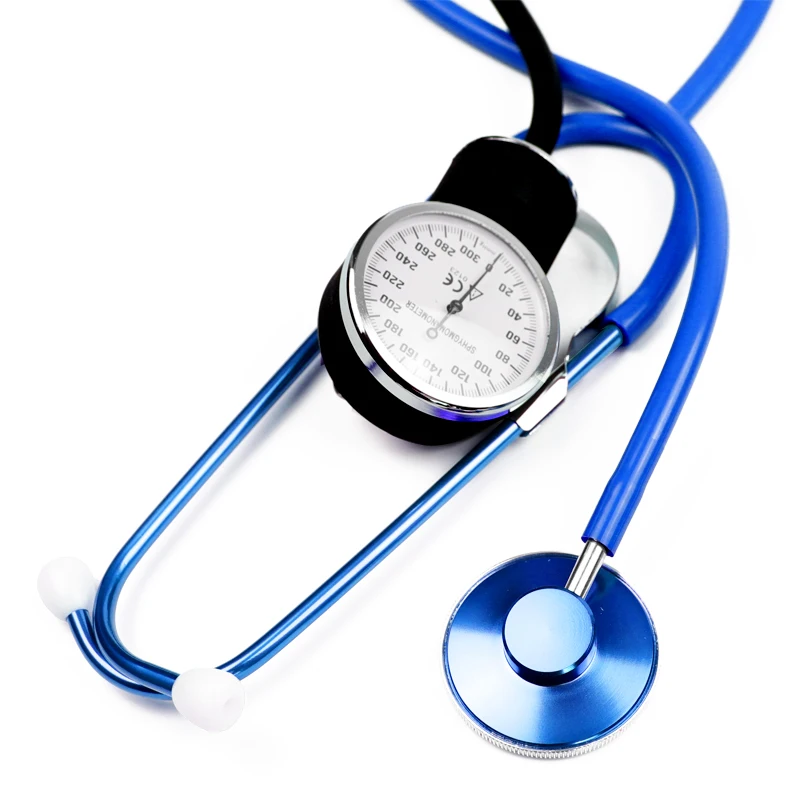 Blue Manual Medical Blood Pressure Monitor Meter BP Cuff Manometer Upper Arm Aneroid Sphygmomanometer & Cardiology Stethoscope