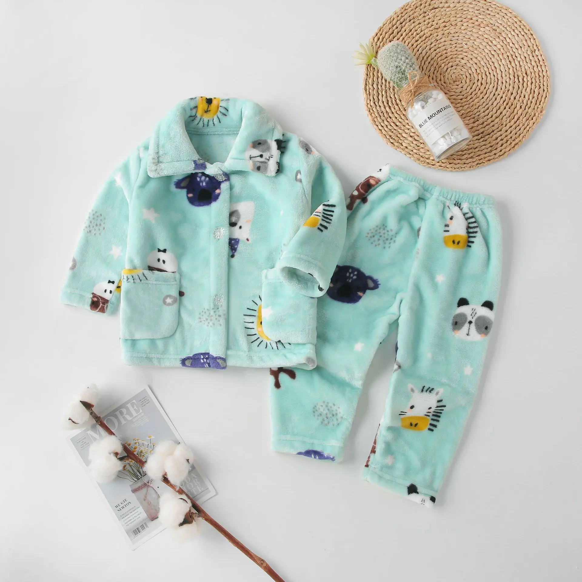 Flannel Pajamas Sets Boys Girls Cartoon Long Sleeve Lapel Tops with Pants PJM Sleepwear Clothing