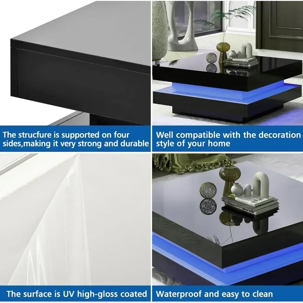 Coffee Table LED, 2-Tier Modern Middle Center Table, Coffee Tables with 16-Color Plug-in Light, Cocktail Tea Table, Table