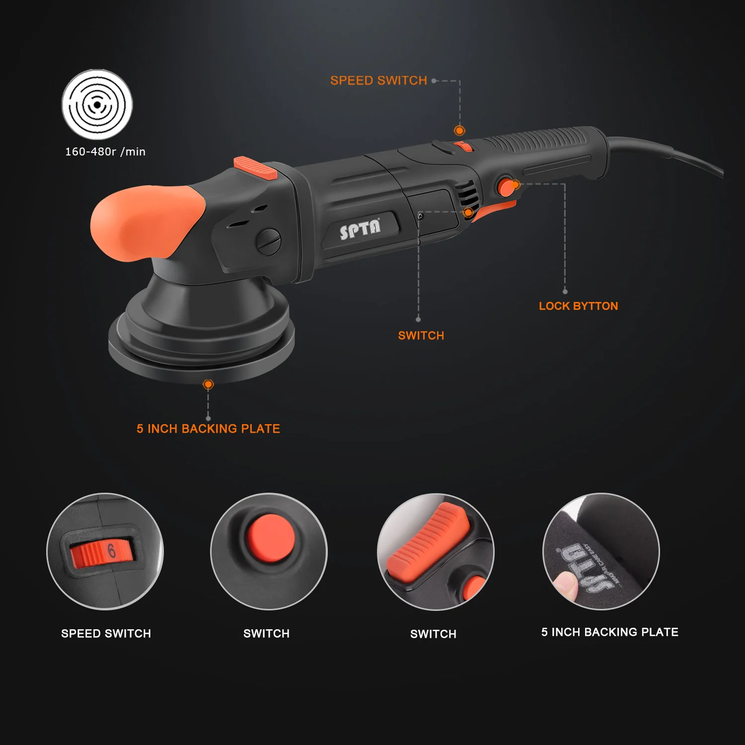 SPTA New Model CP503 1100W Orbit 8mm Forced Dual Action Polisher 5"(125mm) / 6"(150mm) Polishing Machine