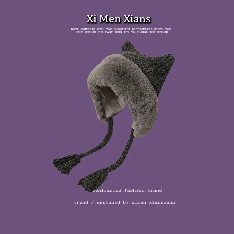 

Cute Cat's Ears (Steamed Cat-ear Shaped Bread) with Woolen Hat Women's Knitting Ear Protection Braid Plush Warm Knitting Hat