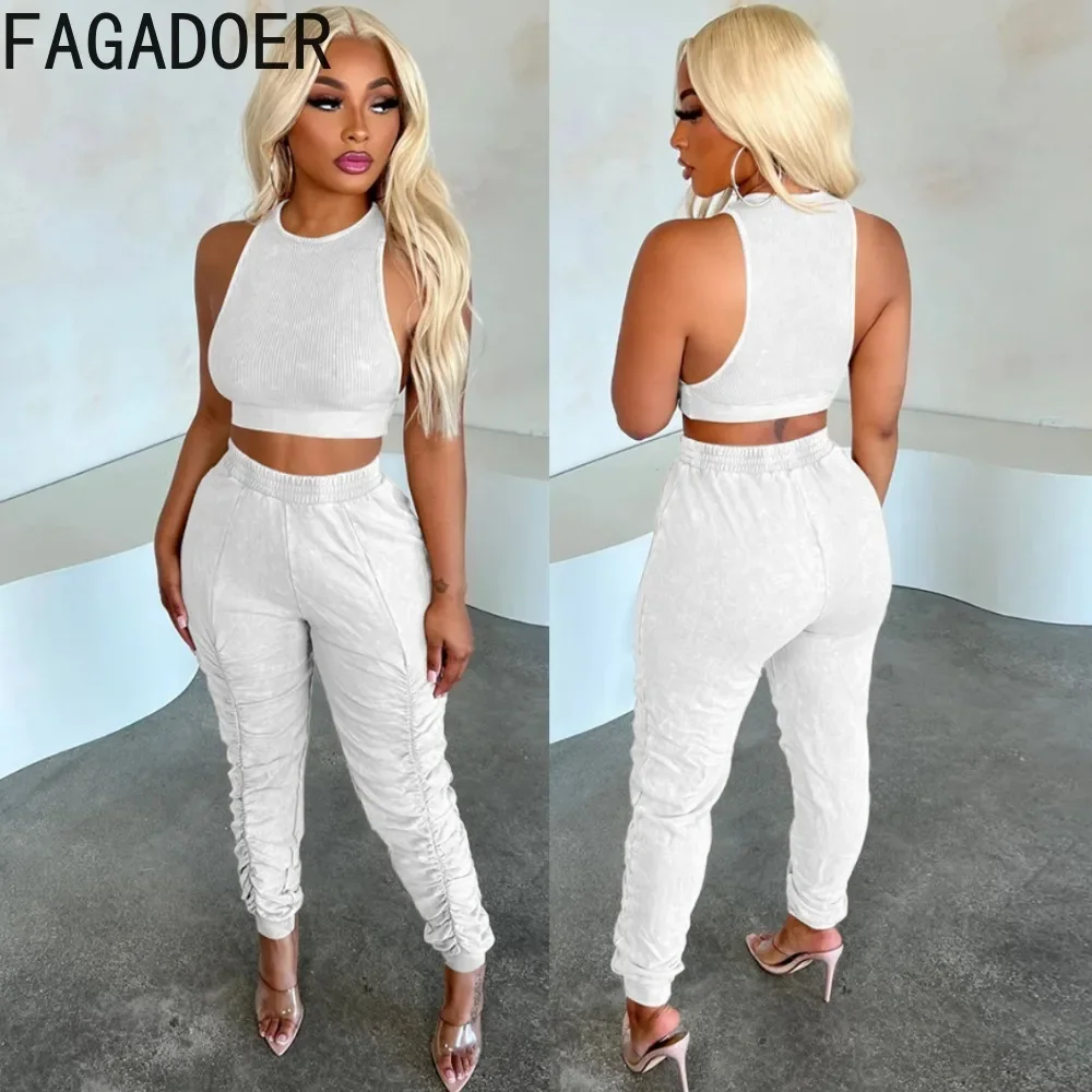 FAGADOER Casual Solid Sporty Two Piece Sets Women Sleeveless Crop Vest And Stacked Pants Tracksuits Female Matching 2pcs Outfits new fashion summer club outfits women clothing tassels sleeveless crop top and shorts two 2 piece matching set female streetwear