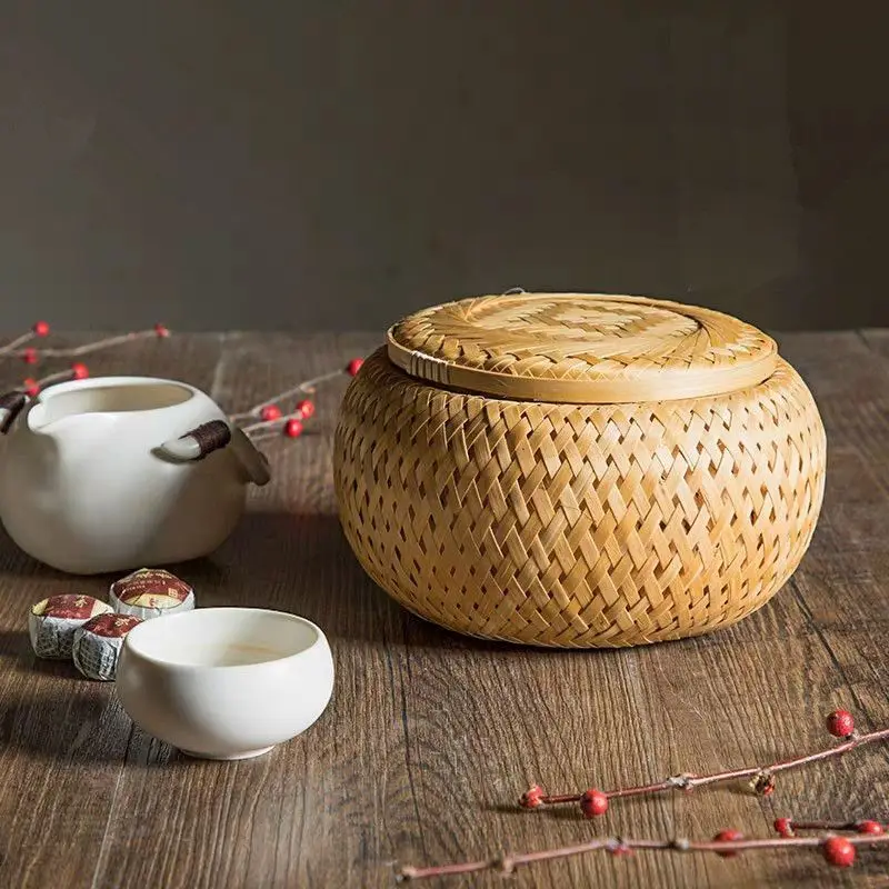 Bamboo Basket Useful Handmade Crafts Woven Double Layer Basket With Cover  Succulent Flower Pot Storage Basket Home Decorations 3