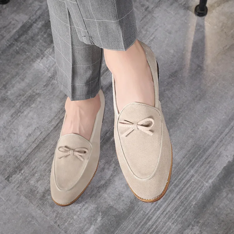 Men's Casual Shoes Suede Genuine Leather Men Trendy Bowknot Party Wedding Loafers Moccasins Mens Driving Flats