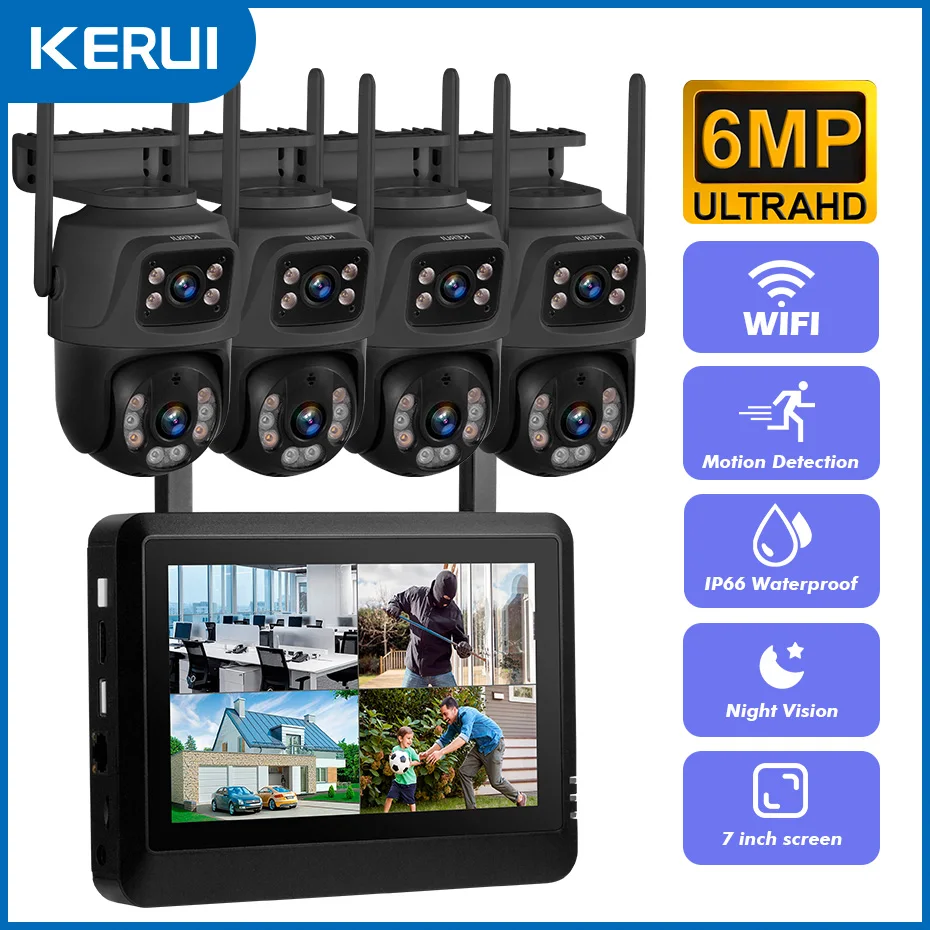 KERUI 8CH NVR 레코더 7인치 화면 6MP 무선 보안 카메라 WIFI 시스템 모니터 지원 인간 감지 오디오 iCSee