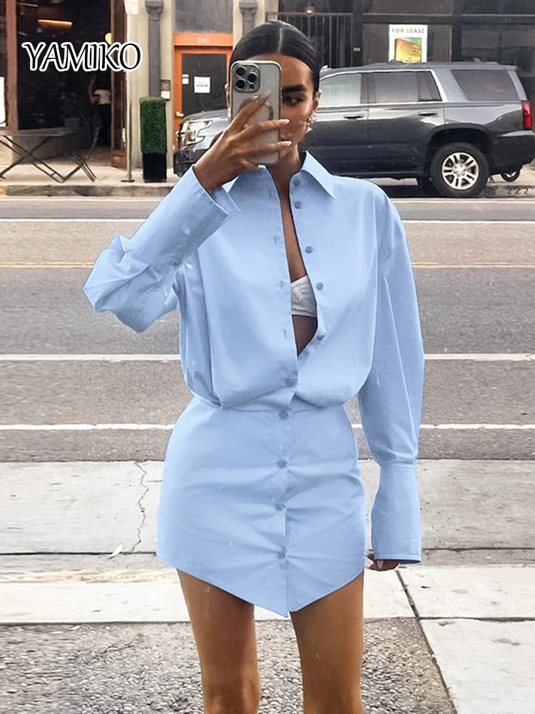 

YAMIKO Fashion Blue Shirt Dress Women 2024 Elegant Solid Long Sleeve Office Lady Mini Dresses Spring Sexy Pencil Dresses Female