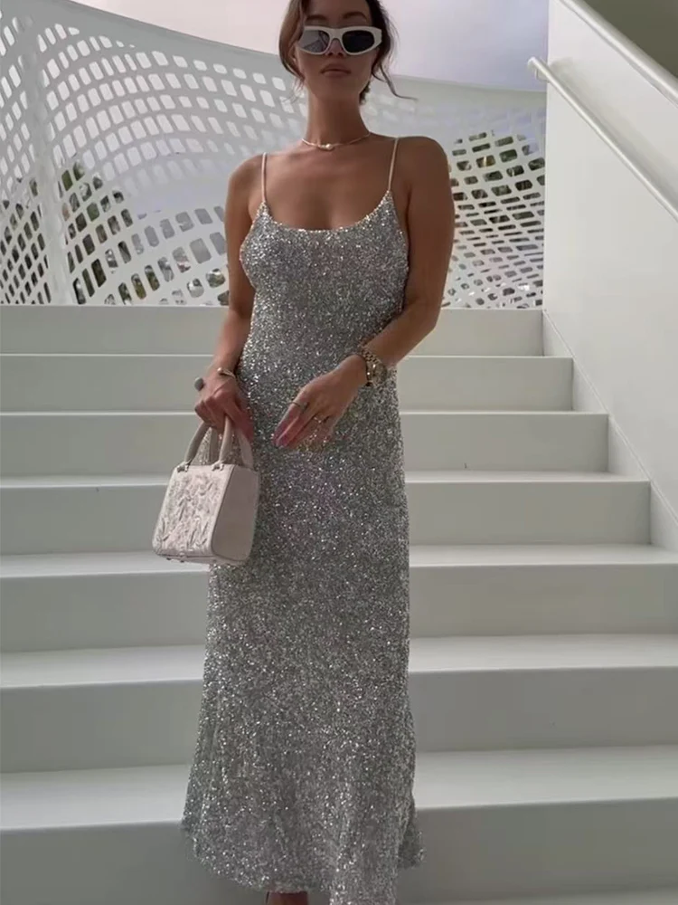Women Sequin V-neck Sling Dress Elegant Slimming Dress Temperament Club Party Shinne Long Dresses Ladies Chic Holiday Clothes