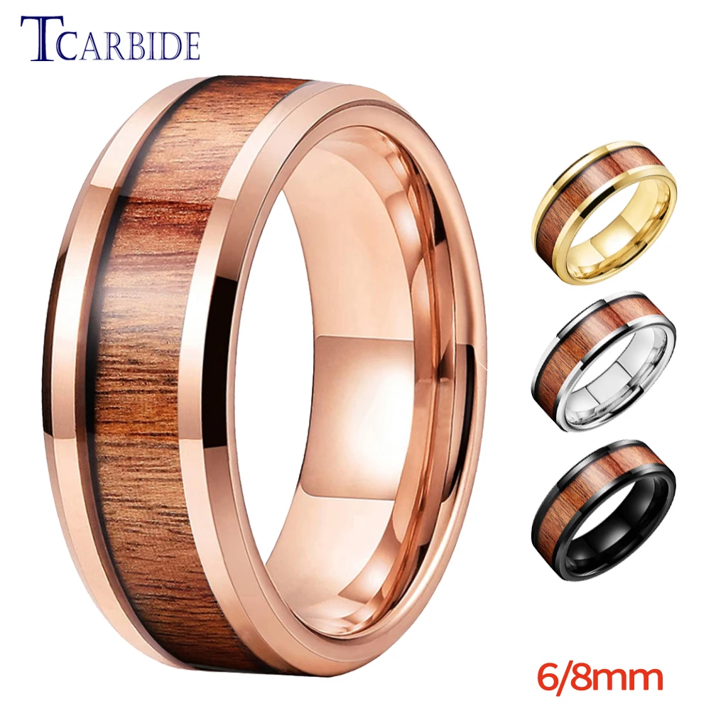 Dropshipping 6mm 8mm Men Women Tungsten Finger Ring Koa Wood Inlay Beveled Polished Trendy Gift Jewelry Comfort Fit