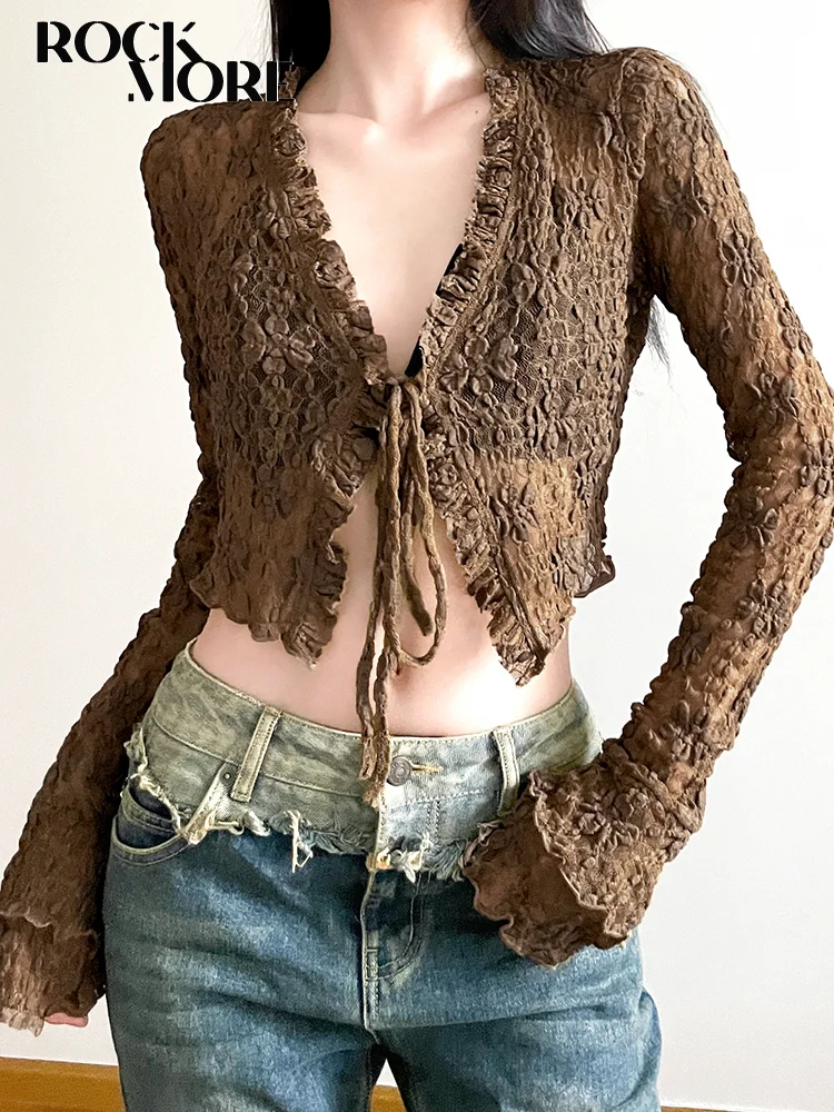 

Rockmore Brown Vintage Lace V-neck Tie-up Shirts for Women y2k Aesthetic Sweet Long Sleeve Crop Top Casual T Shirt Korean Style