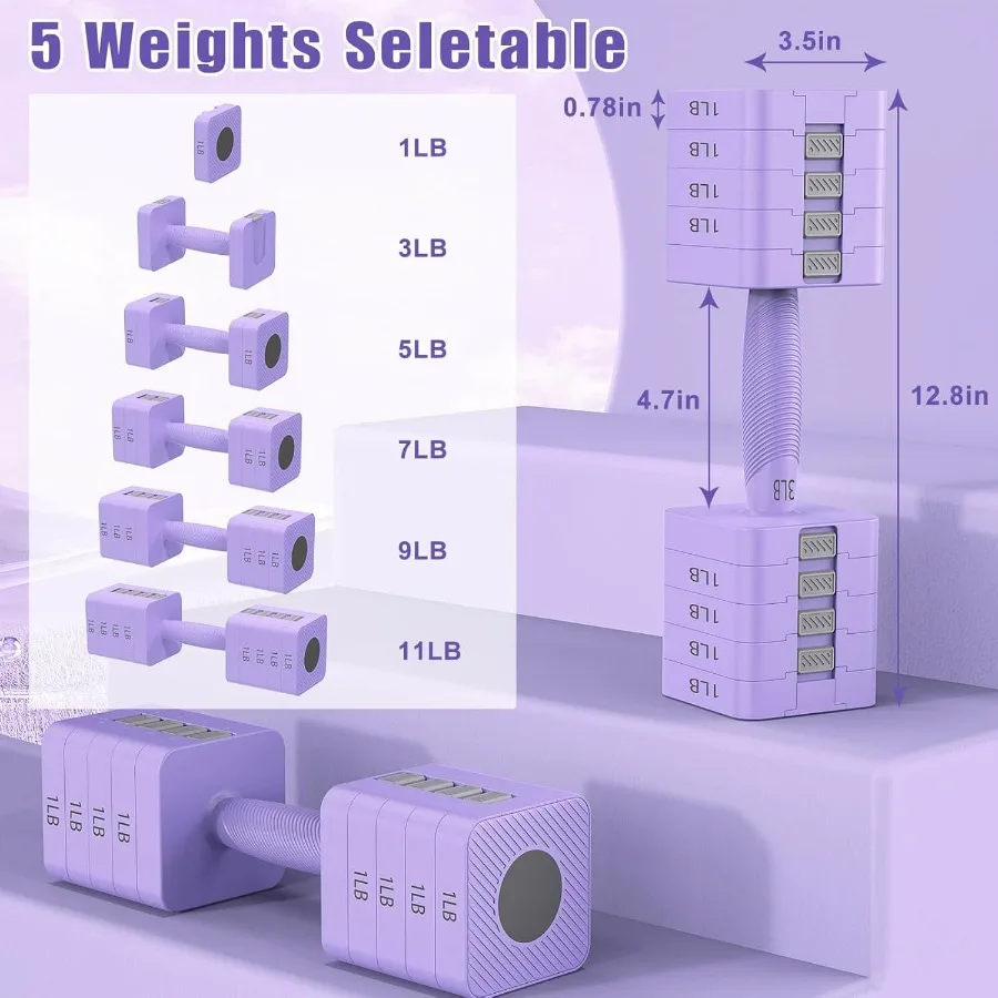 Adjustable Dumbbells Set of 2, 5-in-1 Adjustable Weight Dumbbells for Women/Men, 3lb/5lb/7lb/9lb/11lb Dumbbell Weights Set for H