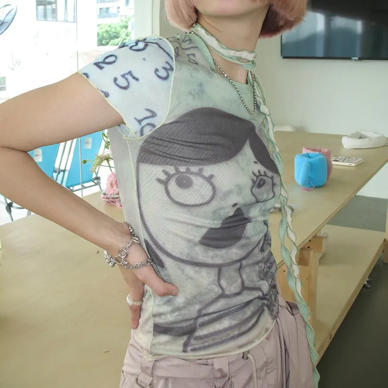 Karrcat Grunge Aesthetics Mesh Tops Y2k Cyber Graphic T-shirt Harajuku Fairycore Bandage Crop Top 2000s E-girls Sheer Tops Chic 2