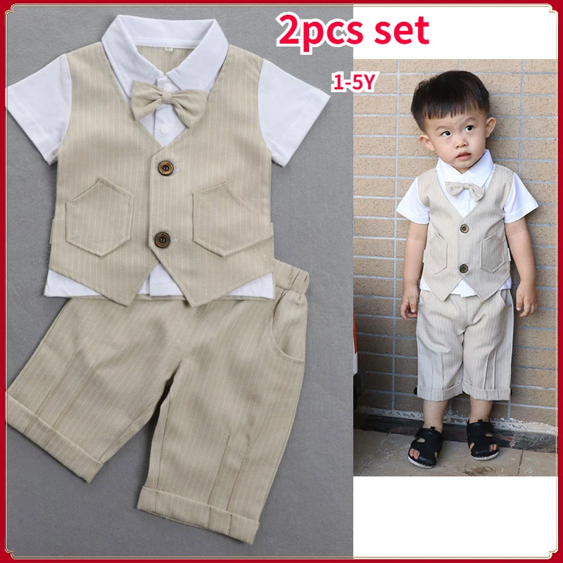 

1-5 Yrs Baby Boy Clothes Set Baptismal Christening Outfit Cotton Short Sleeved Kids Boys Gentleman Stripe Children's Clothing