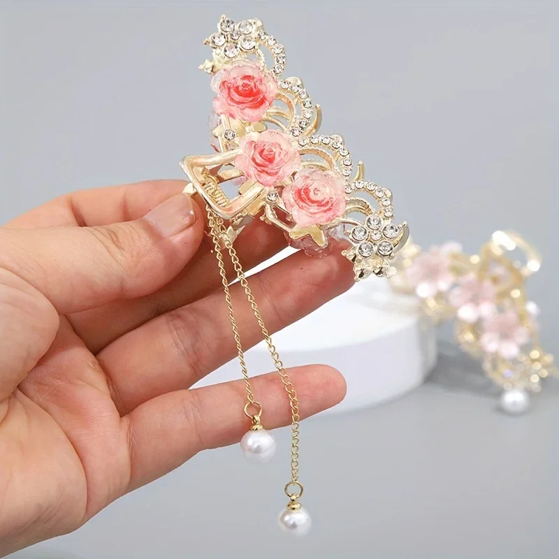 1 Stück Vintage rote Rose Glitter Diamant Quaste Grab Clip weibliche Rückseite des Kopfes halbe Krawatte Haars pange Temperament Hai Clip alt – Detail 1